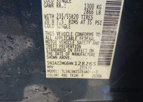 2017 Nissan Murano Platinum z USA, uszkodzony, nr VIN 5N1AZ2MG6HN128265